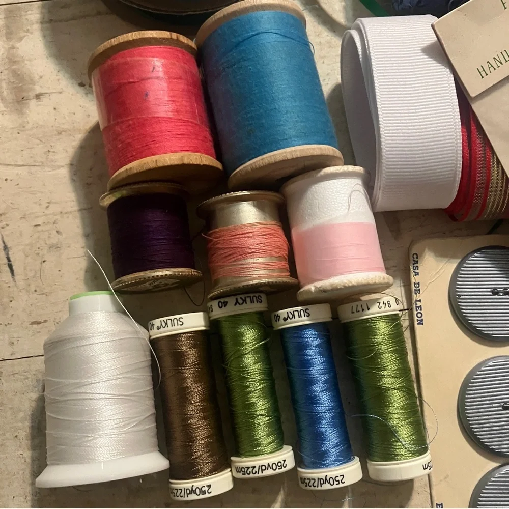 Misc. Lot of Vintage & Modern Sewing Supplies Thread, Ribbons, Buttons, Fabric